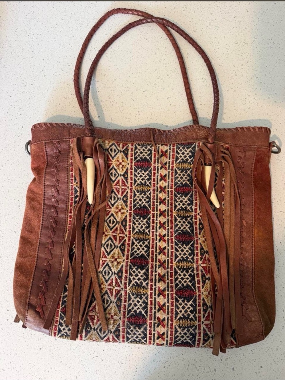 Free People Brown Suede Tote with Tribal Woven Panel and Fringe